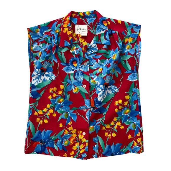 Vintage Haruko Hawaii Floral Hawaiian Button Up Shirt Sleeveless Medium Tropical - Picture 2 of 5